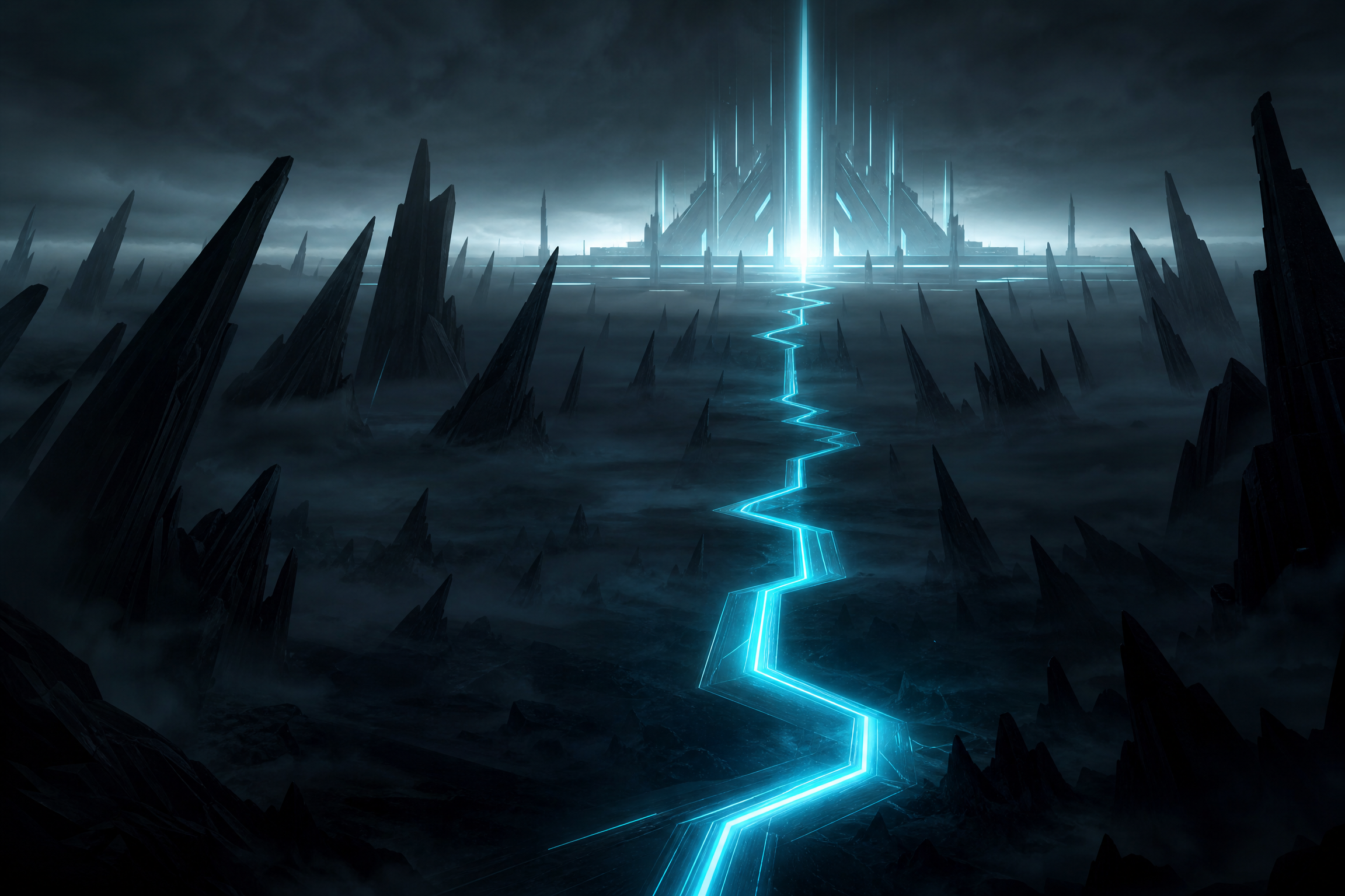 Dark foggy landscape representing pilot purgatory with a single cyan path leading out